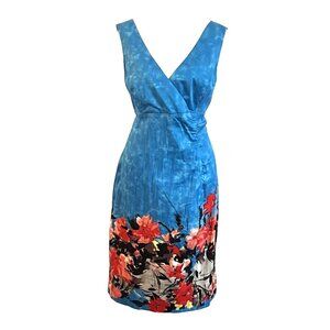 Donna Ricco Sleeveless Dress Size 10 Bright Blue Floral Hem Sheath V-Neck Wrap